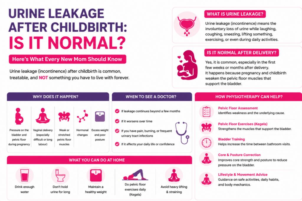 Infographic explaining urine leakage after childbirth, its causes, warning signs, and how pelvic floor physiotherapy helps improve bladder control and postpartum recovery.